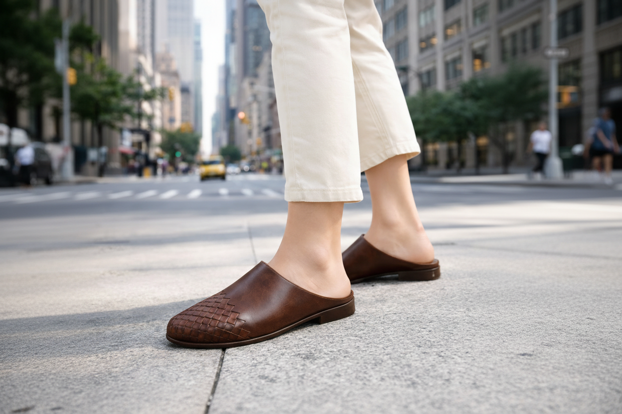 Brown leather shoes worn on a city street with blurred background