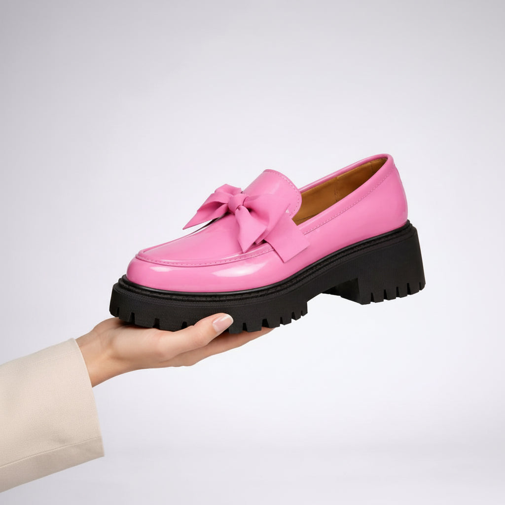 Hand held display of Women’s Bow Platform Loafer Shoes