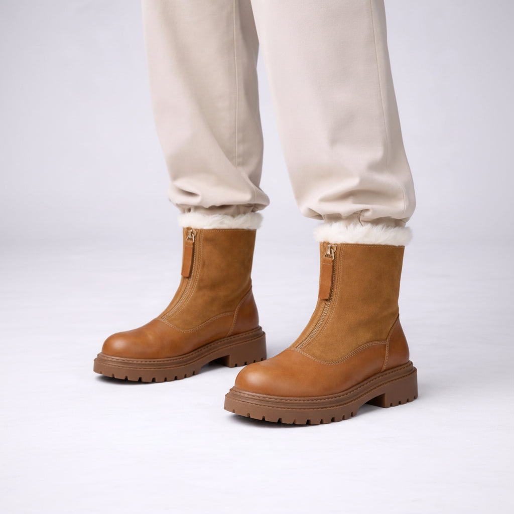 Close-up lower legs and shoes of the model wearing Women’s Bow Platform Leather Loafer Shoes