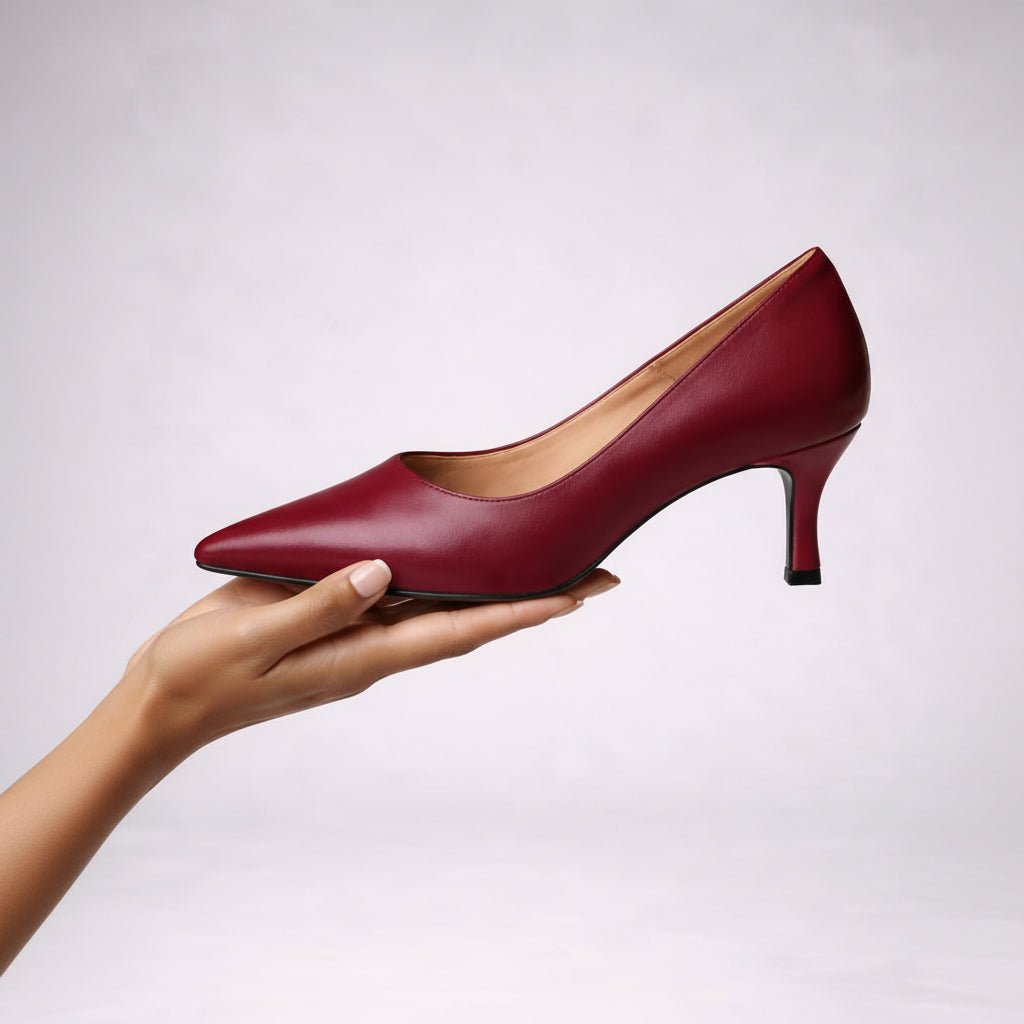 Hand held display of Women’s Pointed Toe Low Heel Pumps