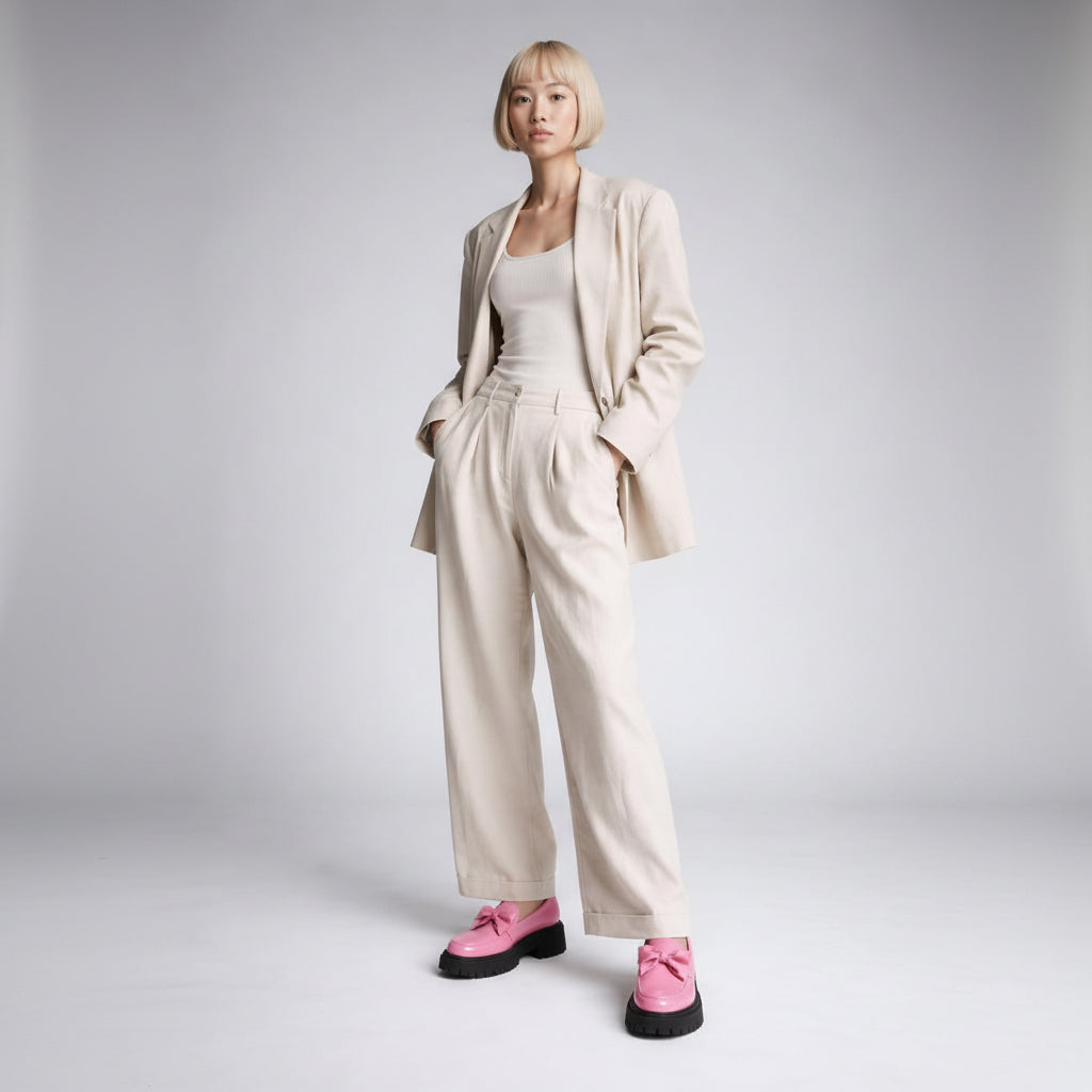 Standing front view of the model wearing Women’s Bow Platform Loafer Shoes